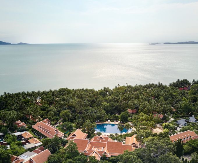 Aerial view of Santiburi Koh Samui and tropical coastline on Koh Samui