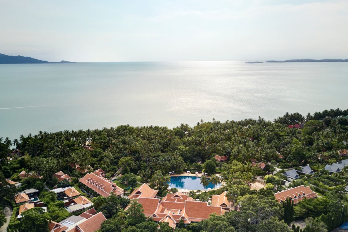 Aerial view of Santiburi Koh Samui and tropical coastline on Koh Samui