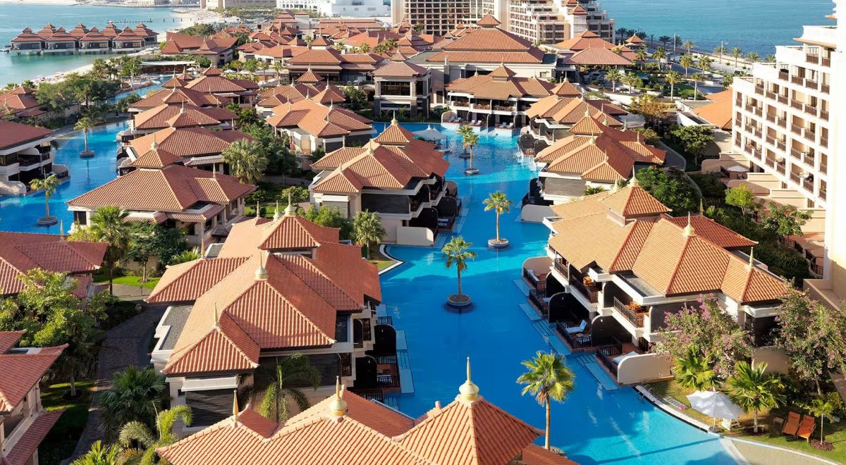 Anantara The Palm Dubai Resort aerial view on Palm Jumeirah