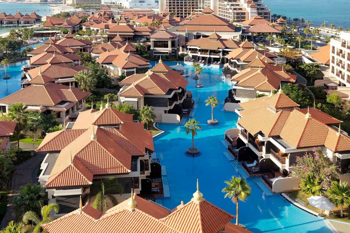 Anantara The Palm Dubai Resort aerial view on Palm Jumeirah