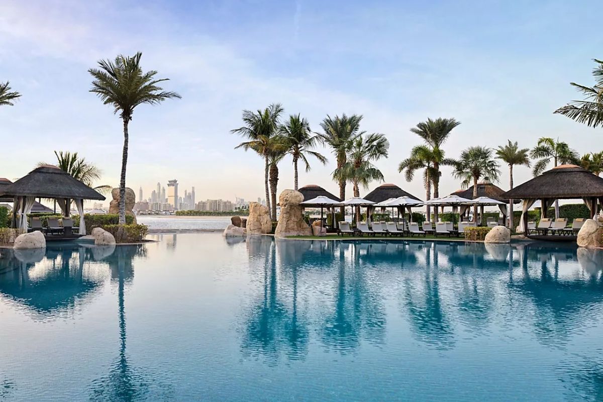 Pool at Sofitel Dubai The Palm with Dubai skyline views