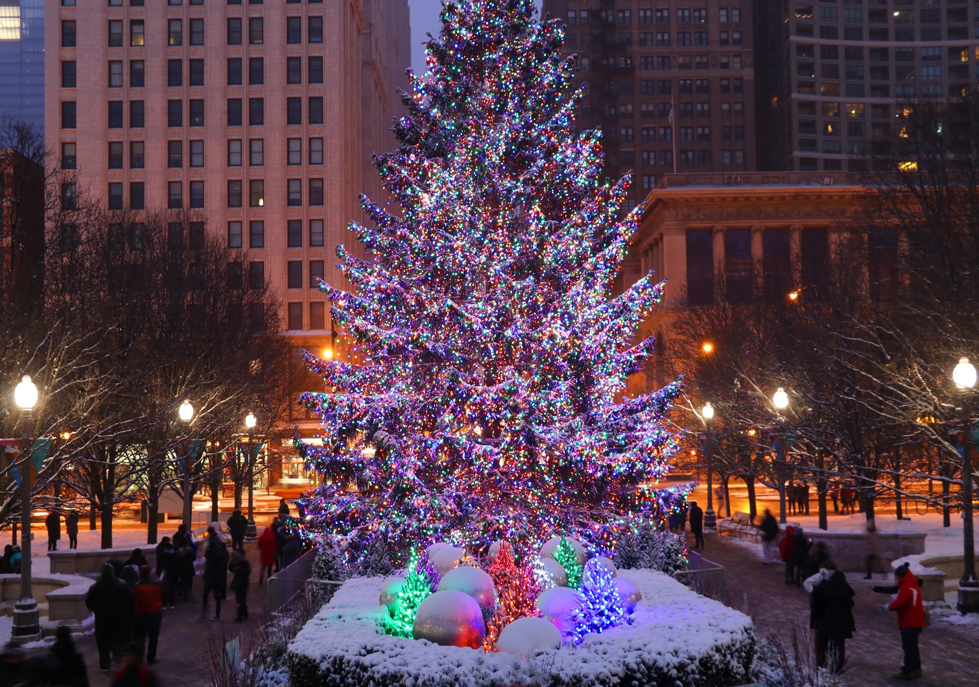 Chicago Christmas tree and festive lights in Chicago
