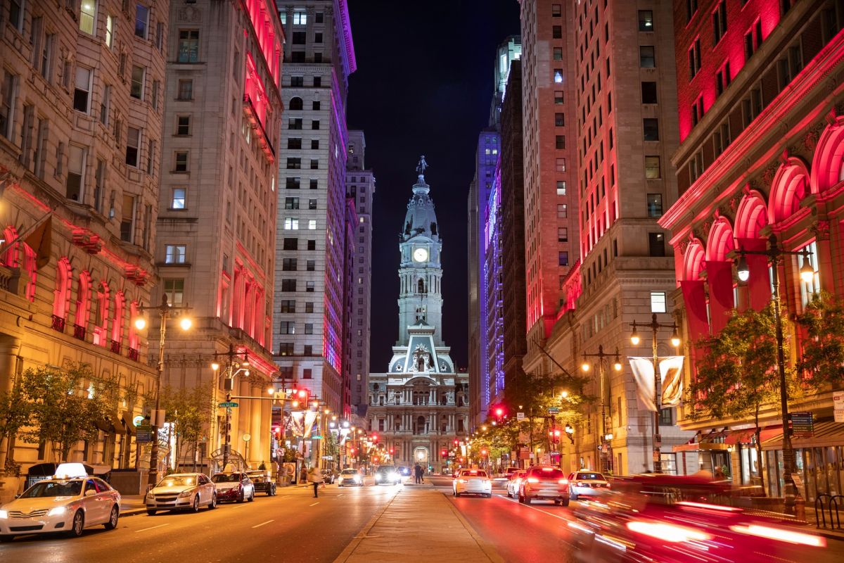 Philadelphia Christmas lights and City Hall at night