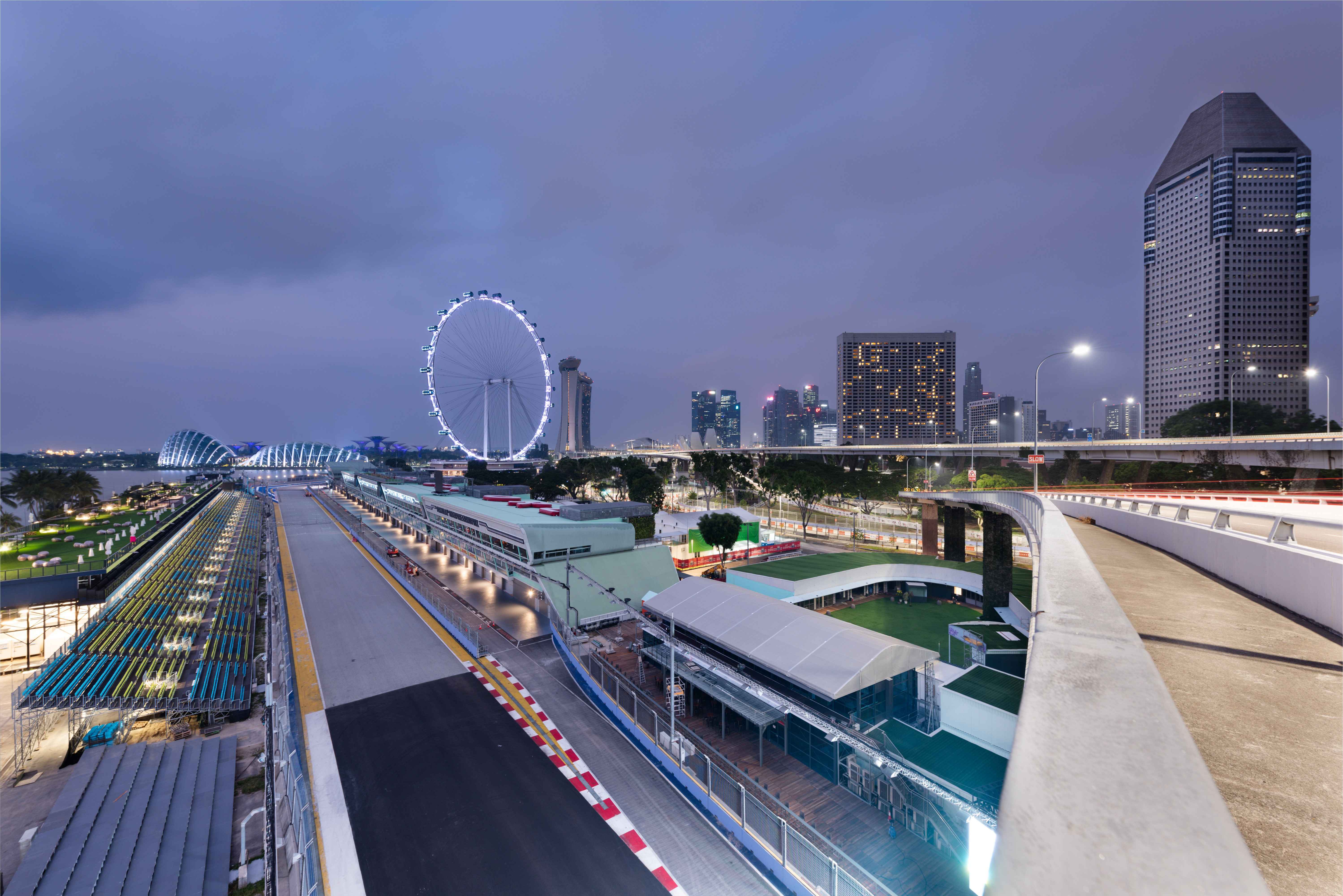 Singapore Grand Prix night race circuit with Marina Bay skyline