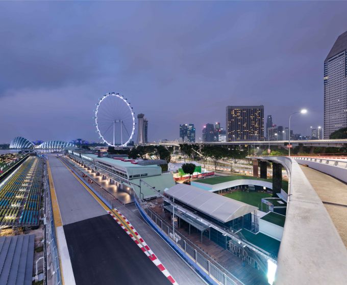 Singapore Grand Prix night race circuit with Marina Bay skyline