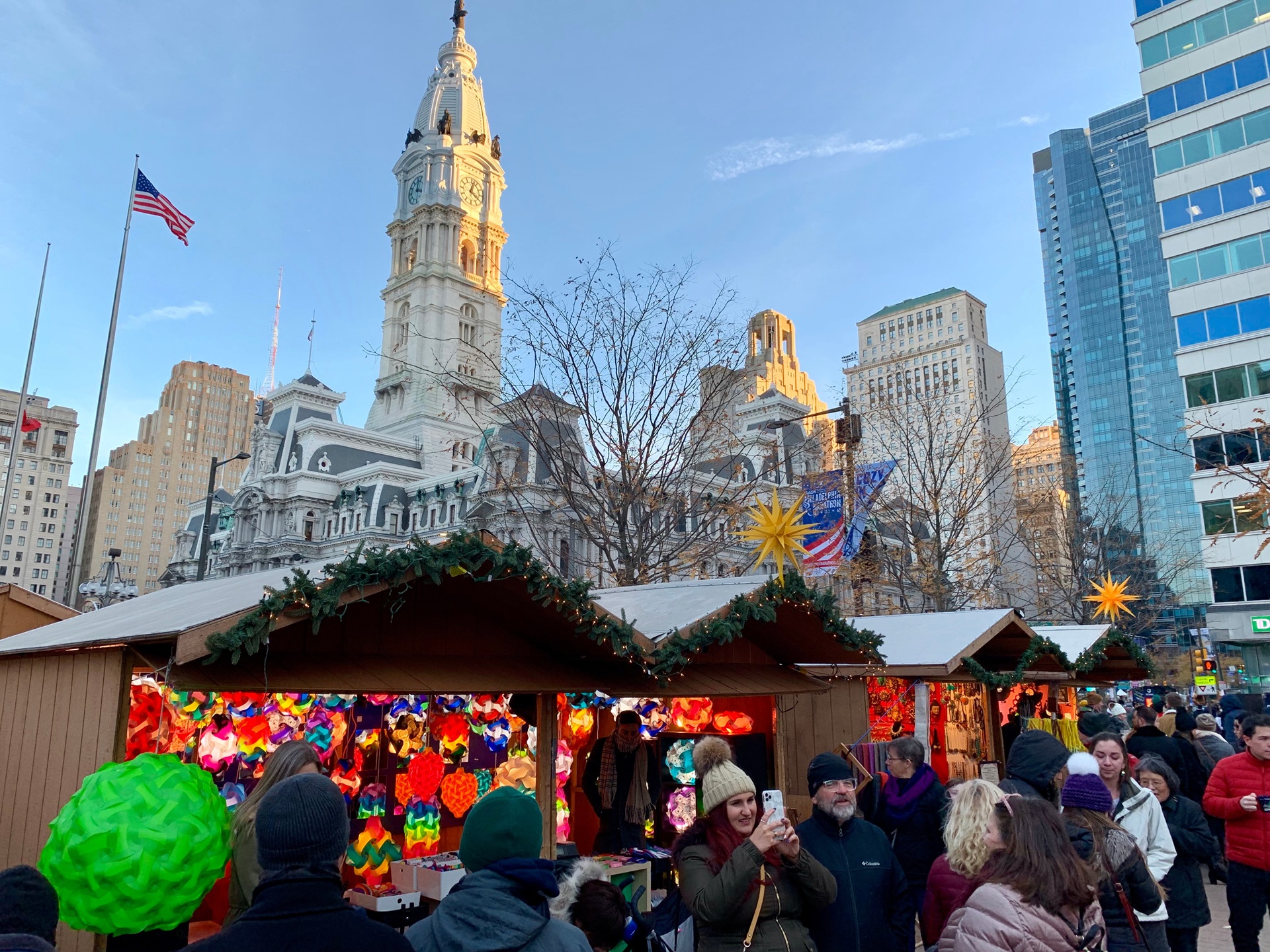 Philadelphia Christmas Village at LOVE Park with festive market stalls
