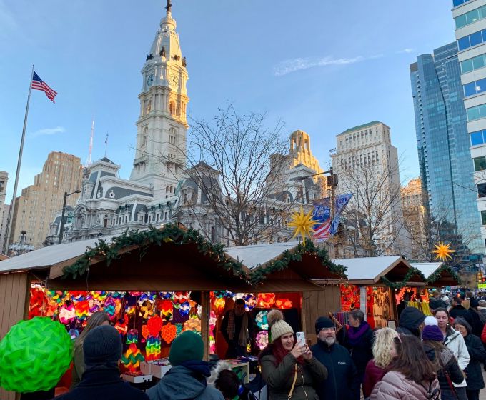 Philadelphia Christmas Village at LOVE Park with festive market stalls