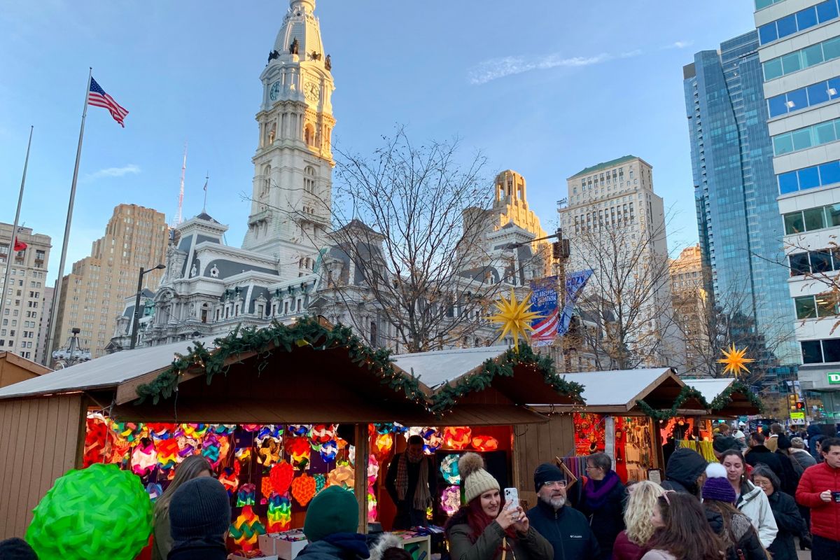 Philadelphia Christmas Village at LOVE Park with festive market stalls
