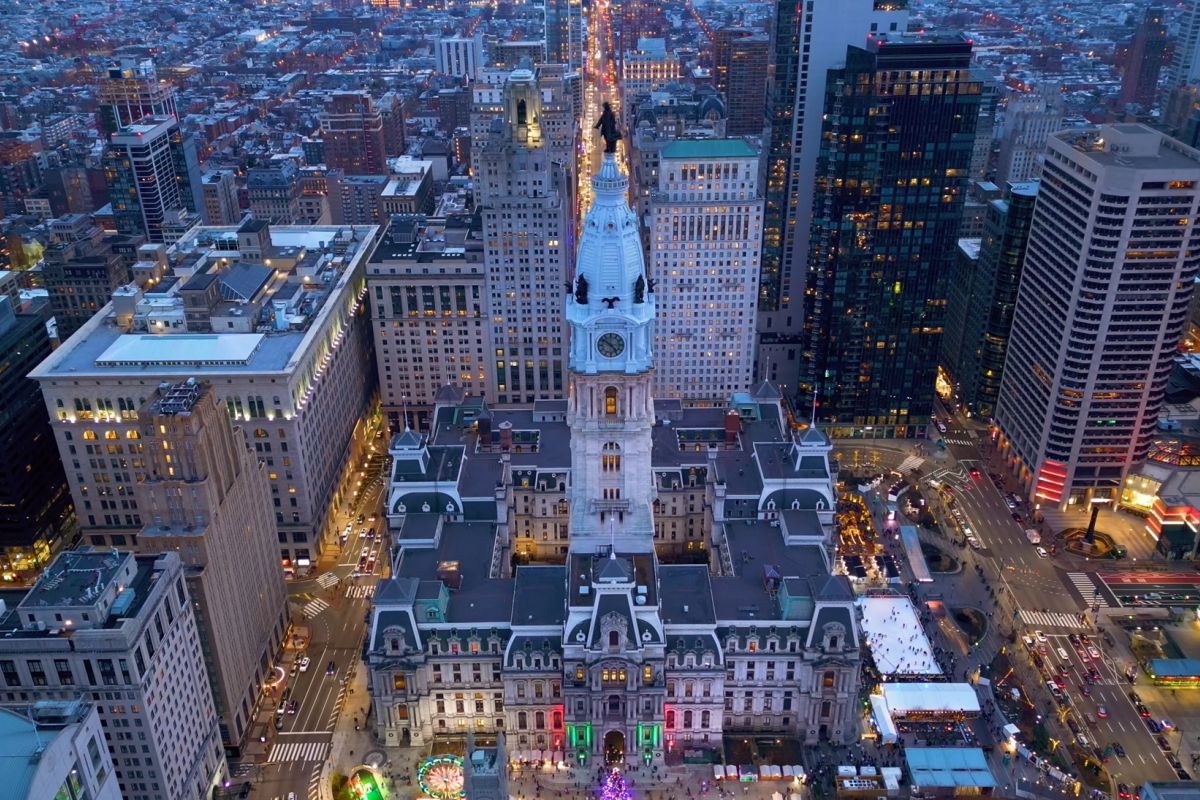 Philadelphia City Hall and downtown skyline during the festive season