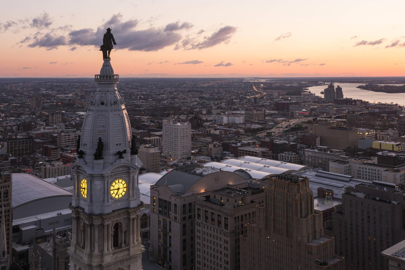Philadelphia skyline and City Hall at sunset