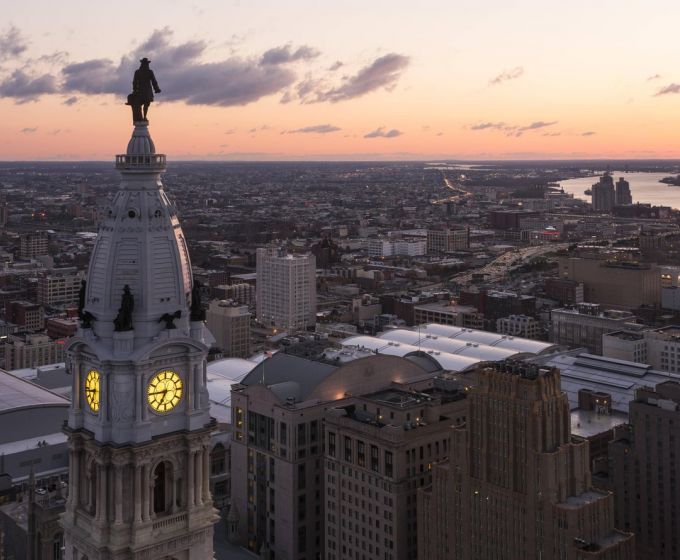Philadelphia skyline and City Hall at sunset